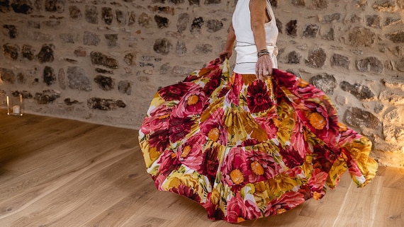 Long chiffon skirt with large flowers - SUNFLOWER