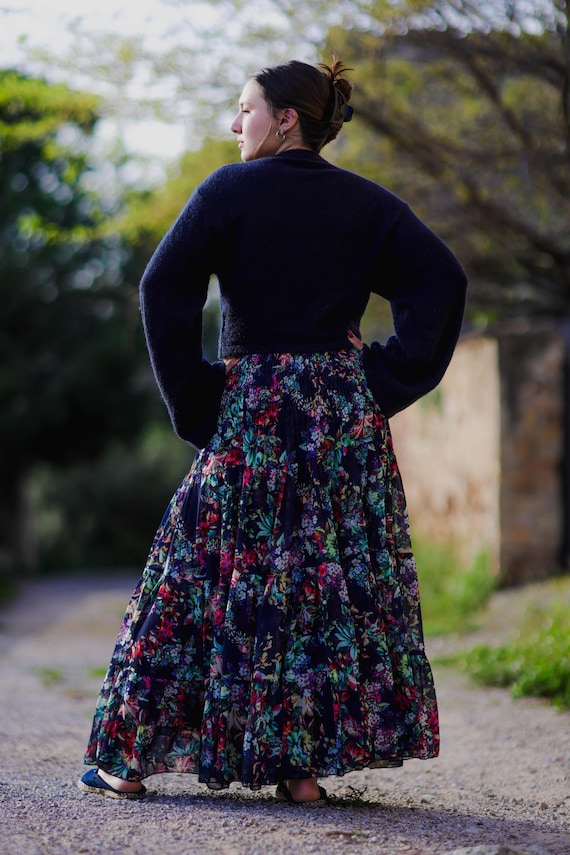 Floral chiffon long skirt with elastic gathering - FOSCA