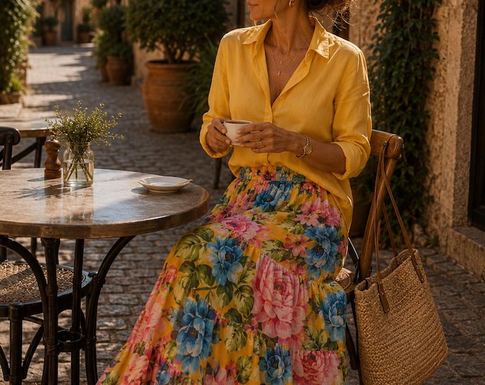 Featured listing image: Yellow chiffon maxi skirt with flowers - GROGG