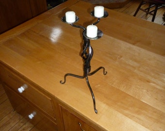 Hand Forged 3 legged triple candle holder with Basket twist & Collars