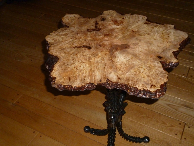 A unique Red Maple Burl table with hand Wrought Iron Etsy