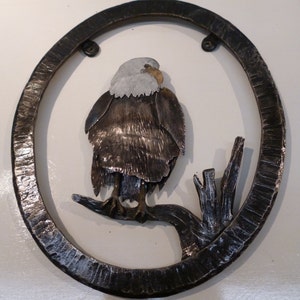 Unique Bald Eagle Sculpture in Oval hand forged hammer textured frame image 1