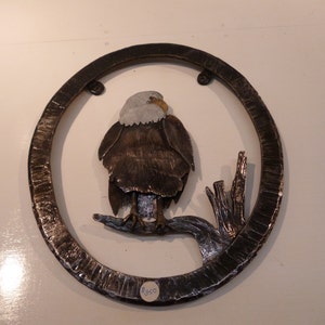 Unique Bald Eagle Sculpture in Oval hand forged hammer textured frame image 5