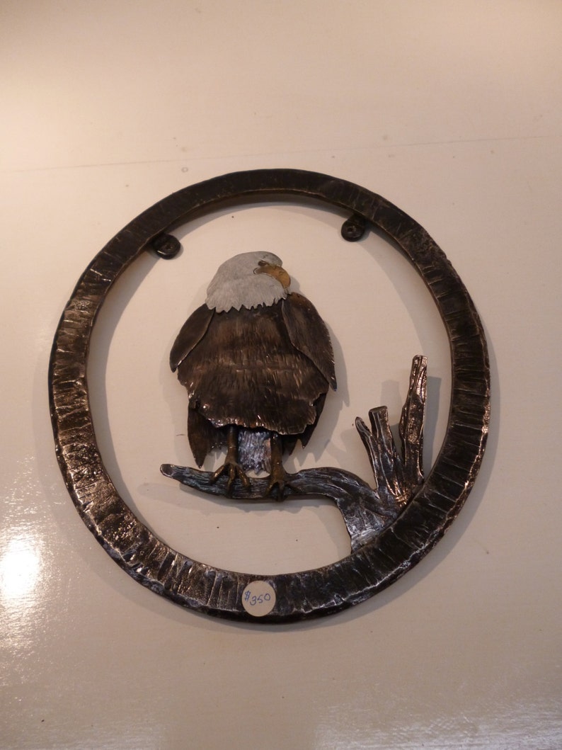 Unique Bald Eagle Sculpture in Oval hand forged hammer textured frame image 5