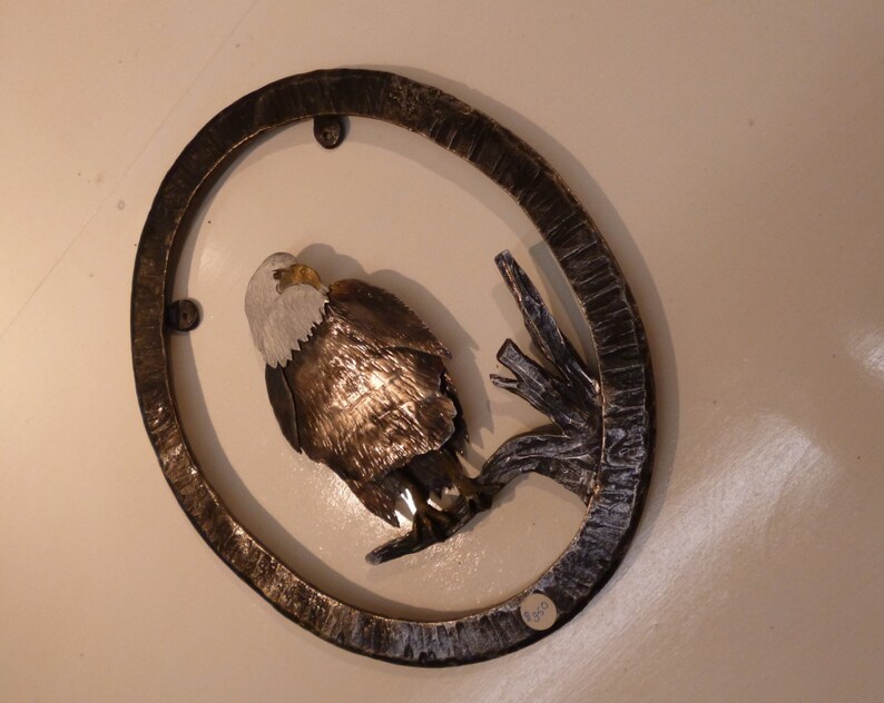 Unique Bald Eagle Sculpture in Oval hand forged hammer textured frame image 4