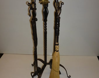 Hand forged wrought iron five piece Fire Place set Oak Leaf & Acorn  handle on stand, tools have a Pineapple Twist with Shepards Hook handle