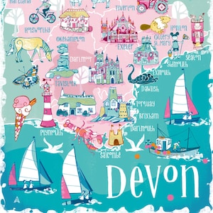 Impresión de mapa ilustrado de Devon A4 / A3 - arte de pared - regalo - náutico