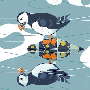 Puffin illustrated art print, nautical wall art, coastal bird poster