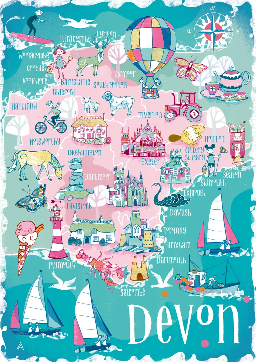 Devon Illustrated Map Print A4 / A3 Wall Art Digital or - Etsy