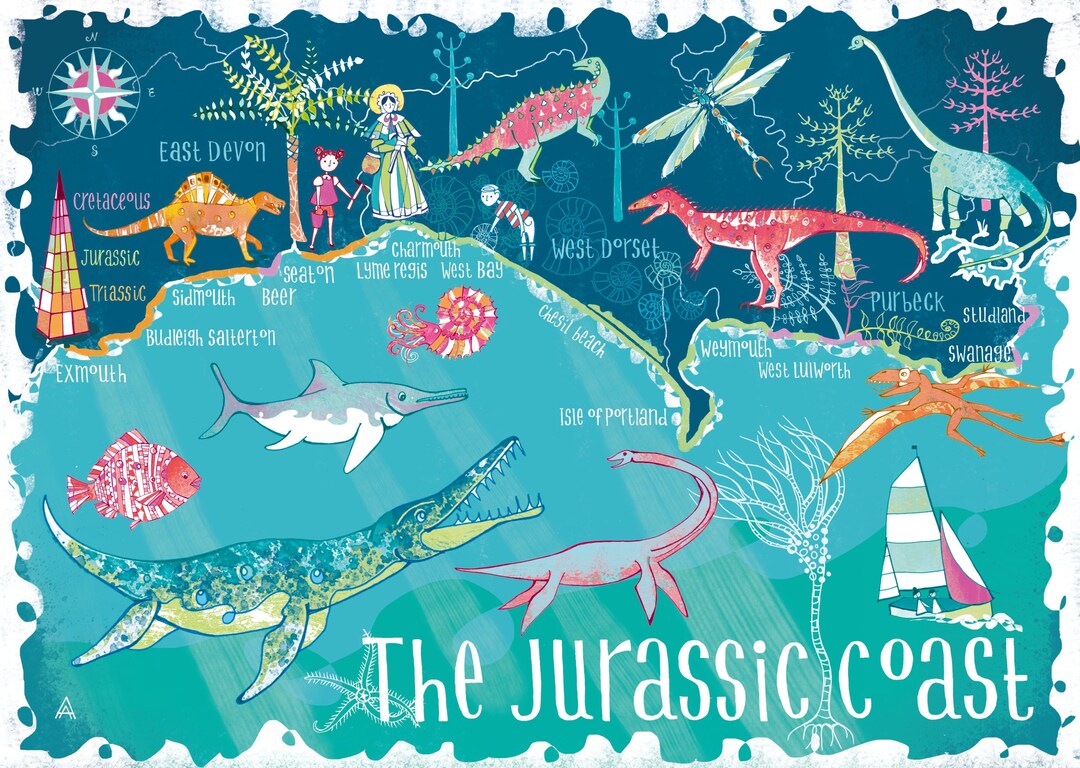 Jurassic Coast Illustrated Map Wall Art Print, Dorset, Devon, Dinosaurs and  Fossils, Nursery Decor Kids Rooms, Illustration - Main Image