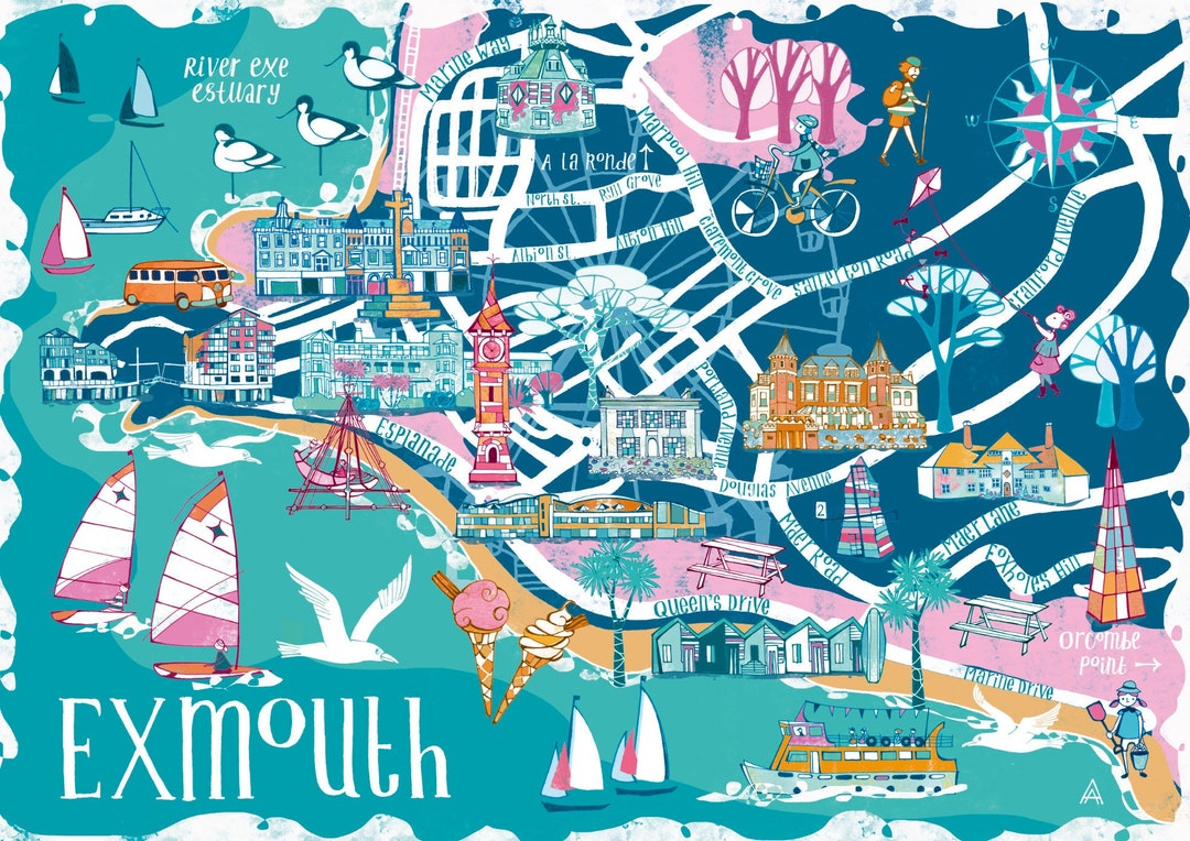 Exmouth Devon Illustrated Map Print Nautical Wall Art Home Etsy