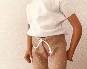 Beige and white fine wool polka dot lounge pants for Sasha or 16-18” models