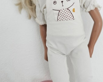 White cotton dungarees with kitten motif for Sasha and Gregor and 16-18” models with vintage pocket details