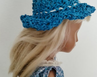 Bright blue crochet beach or picnic hat  for Sasha or Gregor and 16inch dolls