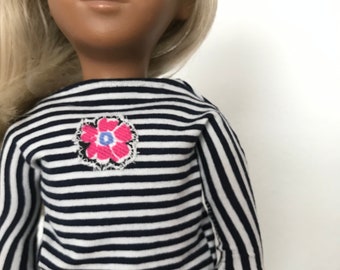 Striped navy and white matelot top with flower appliqué for Sasha and Gregor or 16-18” models