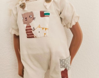 White cotton dungarees with kitten motif patches for Sasha and Gregor and 16-18” models