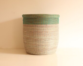 African Basket Green & White Flat Lid SMALL