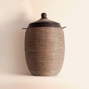 Handwoven Seagrass Laundry Basket with Lid: African Wicker Basket, Handles - EGG Black Leather