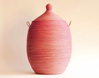 Handwoven Pink Seagrass Laundry Basket with Lid - African Wicker - EGG Pink