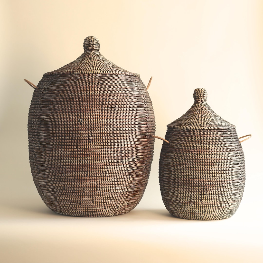Handwoven Seagrass Basket Set: African Boho Decor With Lids - Etsy