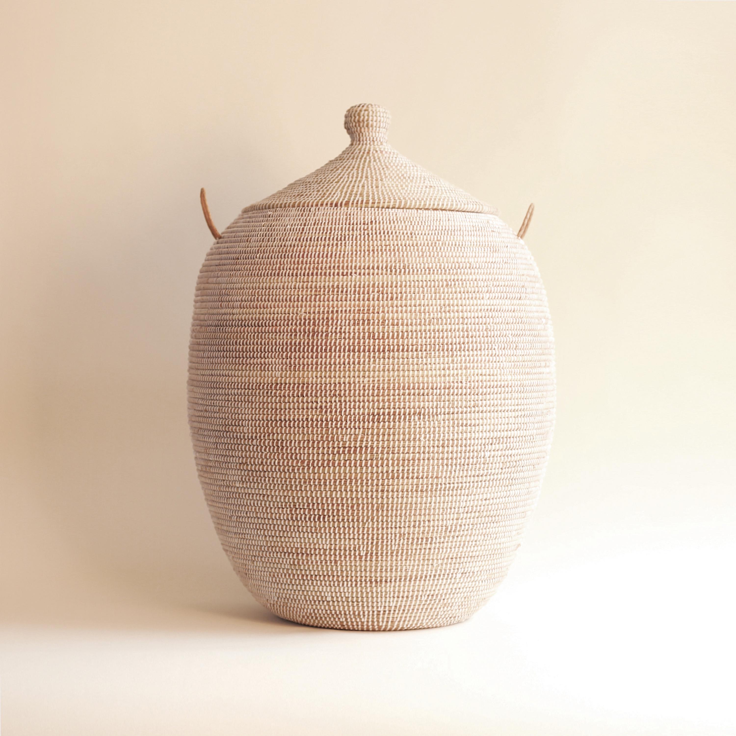 Stylish African Basket with Lid - Handwoven Bohemian Storage for Home Decor - EGG White Large