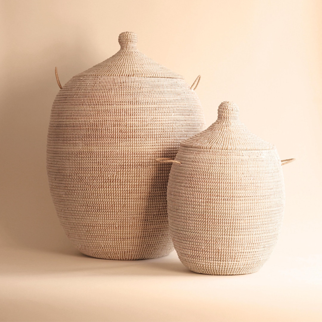 Handwoven Seagrass Basket Set: African Boho Decor With Lids - EGG White ...