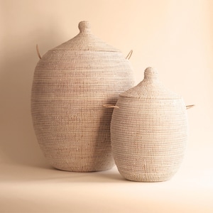 Handwoven Seagrass Basket Set: African Boho Decor with Lids - EGG White Duo