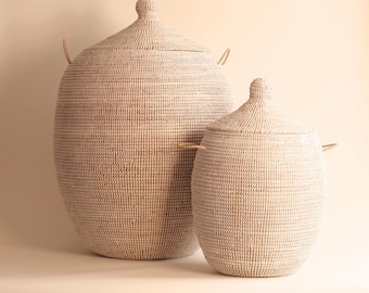Handwoven Seagrass Basket Set: African Boho Decor with Lids - EGG White Duo