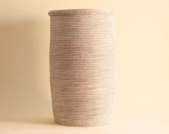 African Woven Basket, Laundry Hamper, Natural Boho Seagrass Basket with Lid - YOGA White Large