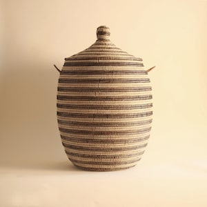 Handwoven African Basket with Lid: Beige & Black Striped Seagrass Laundry Basket