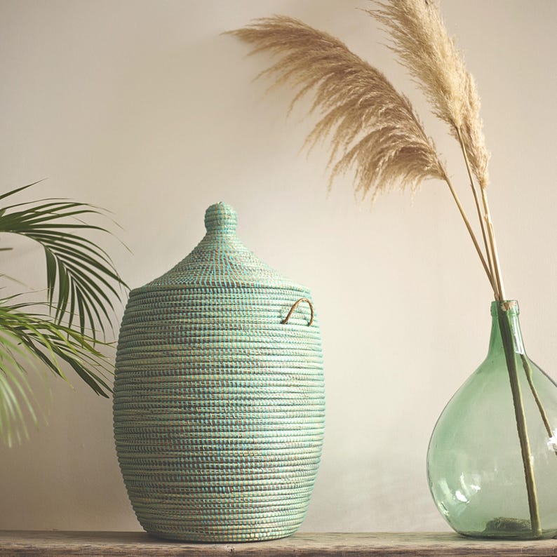 Handwoven Seagrass Laundry Basket with Lid: Mint African Wicker - EGG Mint image 13