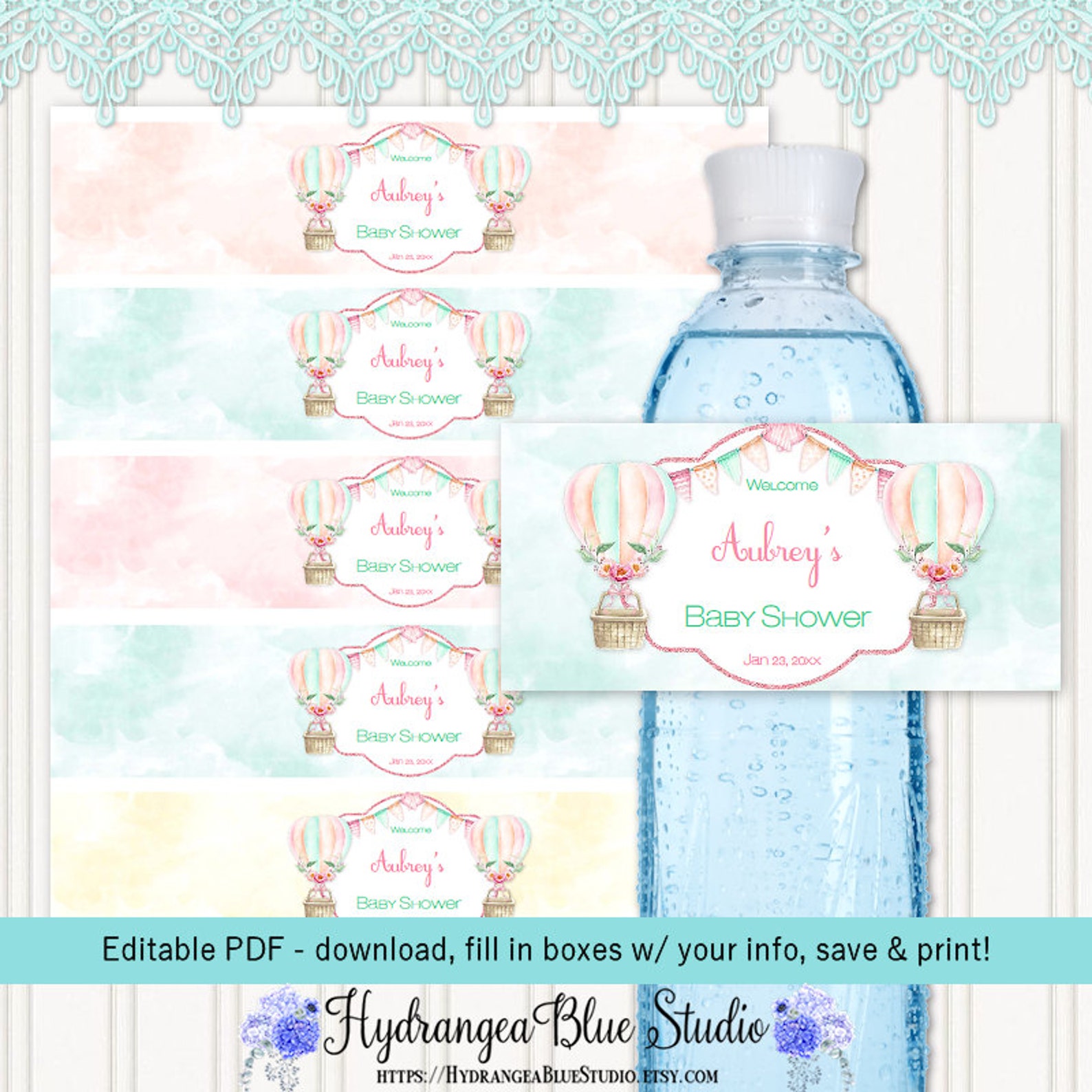 Hot Air Balloon Water Bottle Labels Mint Pink Peach Yellow Etsy