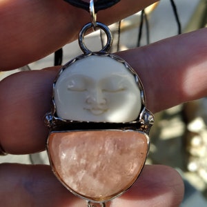 Handmade Sterling Silver Moon Necklace: Morganite Gemstone, Carved Bone