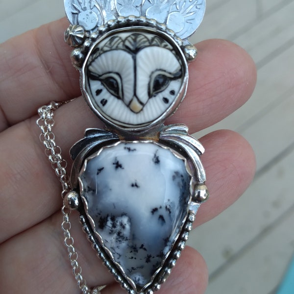 Handmade Owl necklace, handcrafted Owl necklace, Sterling Owl necklace, OOAK Owl necklace, Silver Snow Owl Pendant, Lana Manna Owl pendant