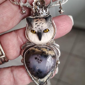 Handmade Sterling Silver Owl Pendant: Porcelain Face, Dendritic Opal