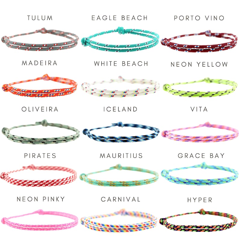 May include: A collection of fifteen thin, adjustable cord bracelets in various colors and patterns, each labeled with names including Tulum, Eagle Beach, Porto Vino, Madeira, White Beach, Neon Yellow, Oliveira, Iceland, Vita, Pirates, Mauritius, Grace Bay, Neon Pinky, Carnival, and Hyper.