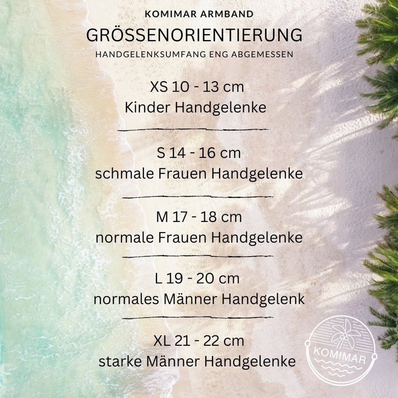 May include: A size guide chart for Komimar armbands with text in German listing wrist measurements in centimeters for sizes XS through XL, ranging from 10 to 22 cm, set against a background of a sandy beach with turquoise water and palm trees.
