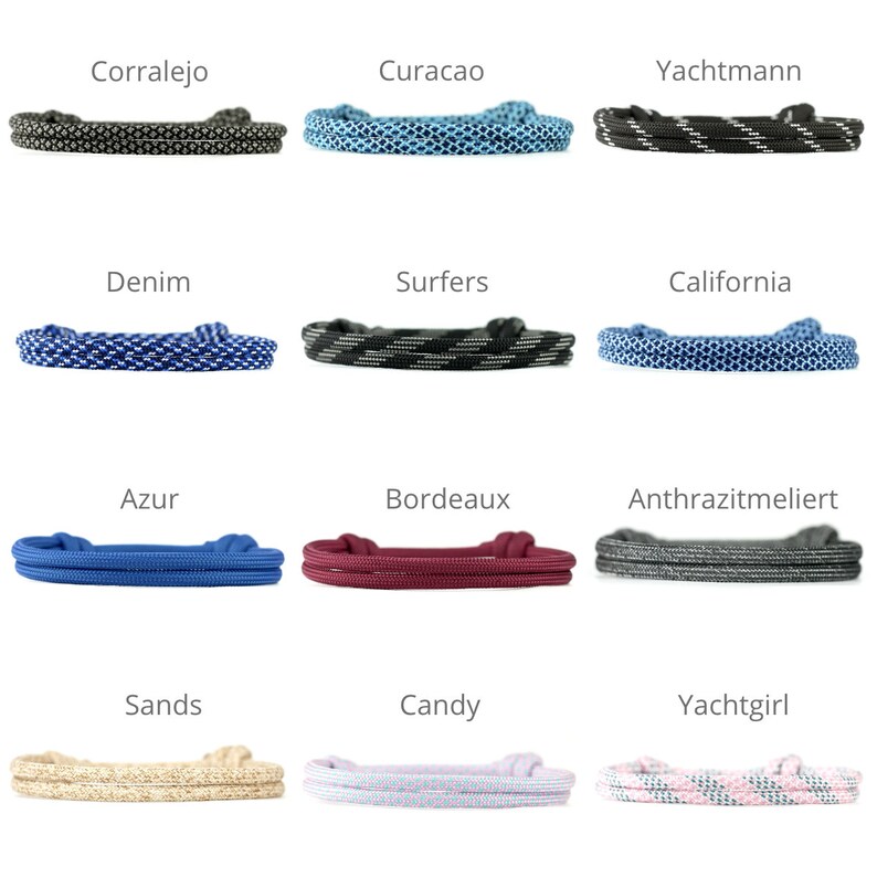 May include: Twelve different colors of paracord bracelets with various patterns. The bracelets are made of two strands of paracord and are tied with a knot at the end. The colors include black, blue, red, white, pink, and beige.