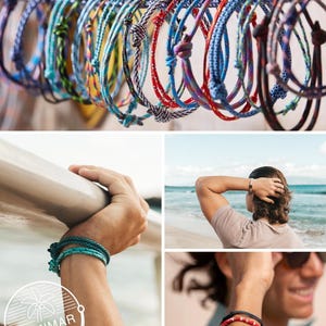 May include: A collection of colorful braided cord bracelets featuring adjustable knot closures in various patterns and hues, including blue, red, green, and black, displayed in a row and worn on the wrist in lifestyle photography.
