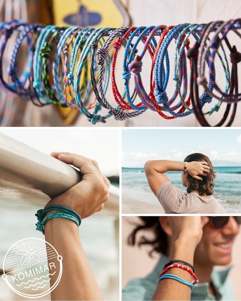 May include: A collection of colorful braided cord bracelets featuring adjustable knot closures in various patterns and hues, including blue, red, green, and black, displayed in a row and worn on the wrist in lifestyle photography.