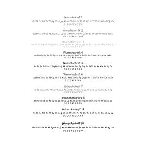 May include: A black and white image showing ten different handwritten fonts, labeled "Wunschschrift" 1 through 10. Each font includes the alphabet, numbers 0-9, and a few punctuation marks.