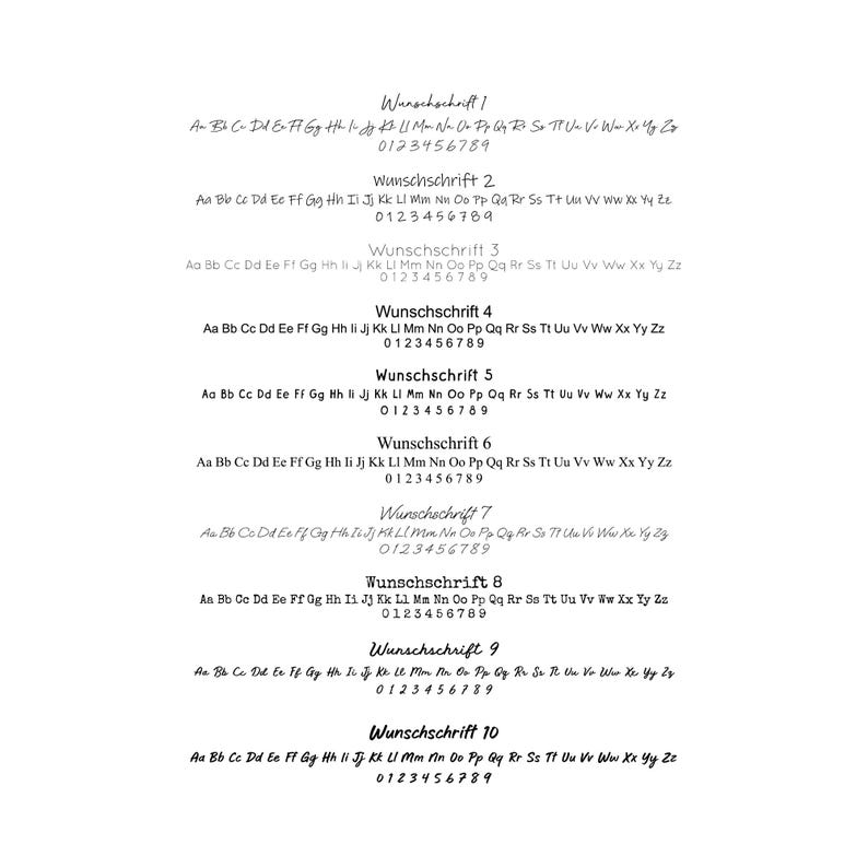 May include: A black and white image showing ten different handwritten fonts, labeled "Wunschschrift" 1 through 10. Each font includes the alphabet, numbers 0-9, and a few punctuation marks.