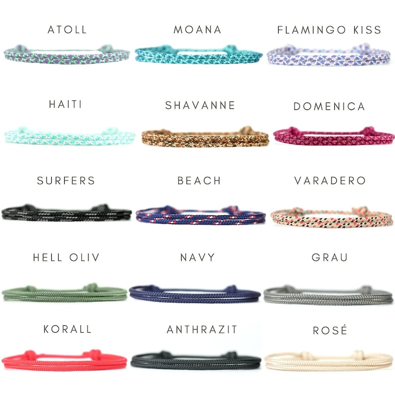 May include: A collection of fifteen braided cord bracelets in various colors and patterns, each labeled with names including Atoll, Moana, Flamingo Kiss, Haiti, Shavanne, Domenica, Surfers, Beach, Varadero, Hell Oliv, Navy, Grau, Korall, Anthrazit, and Ros&eacute;.