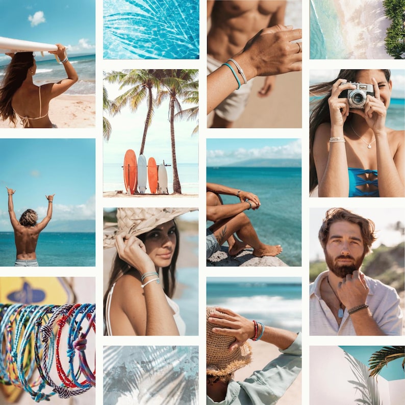 May include: A collection of colorful braided cord bracelets featuring adjustable knots and small metal charms, displayed in various beach settings including surfboards, ocean waves, palm trees, and individuals wearing the accessories.