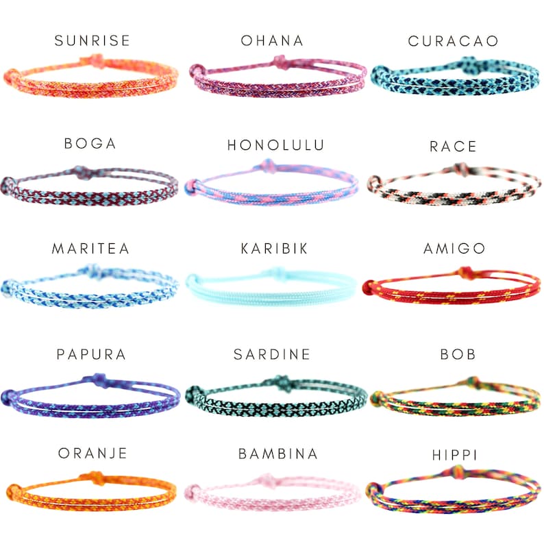 May include: A collection of fifteen thin, braided cord bracelets arranged in five rows. Each bracelet features a unique color combination, including orange, pink, blue, purple, red, black, and multicolored patterns, with names like Sunrise, Ohana, Curacao, Boga, Honolulu, Race, Maritea, Karibik, Amigo, Papura, Sardine, Bob, Oranje, Bambina, and Hippi printed above each item.