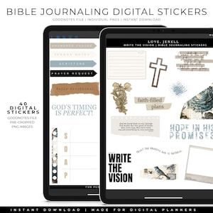 May include: A digital sticker set for Goodnotes featuring 40 bible journaling stickers. The stickers are in a vintage style with floral and text elements. The stickers include phrases like "God's Timing is Perfect!" and "Write the Vision".
