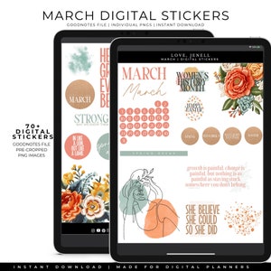 Spring and March Digital Planner Stickers | Noteshelf & GoodNotes Stickers| Precropped | Floral Holiday Digital Stickers