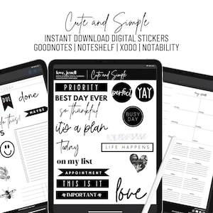 Digital Planner Stickers Simple~ Pre-Cropped Goodnotes and PNG Digital Planner Stickers - 40 Digital Planner Stickers Black and White