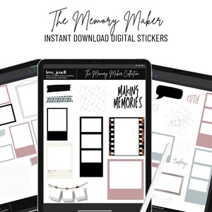 May include: Digital stickers for planners and journals. The stickers feature a variety of frames, film strips, stars, and text that says "Making Memories" and "Cutie".