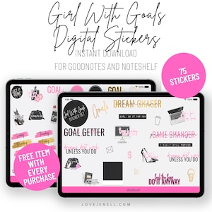 Digital Planner Stickers Girl Goals  ~ Pre-Cropped Goodnotes and PNG Digital Planner Stickers - 75 Motivational Digital Planner Stickers